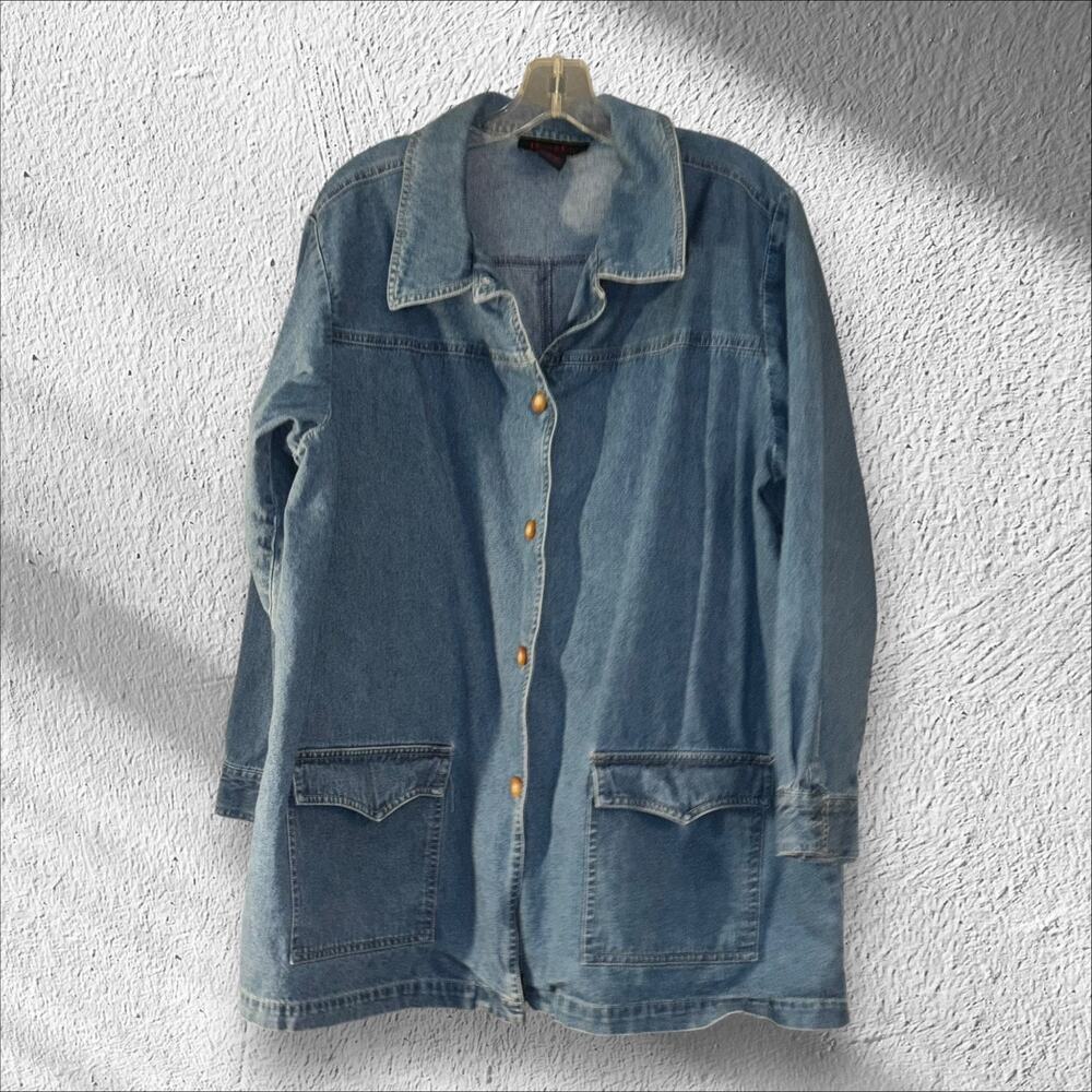 Denim & Co Denim Jean Jacket 1X Longline Vintage Large Pockets 100% Cotton Boho